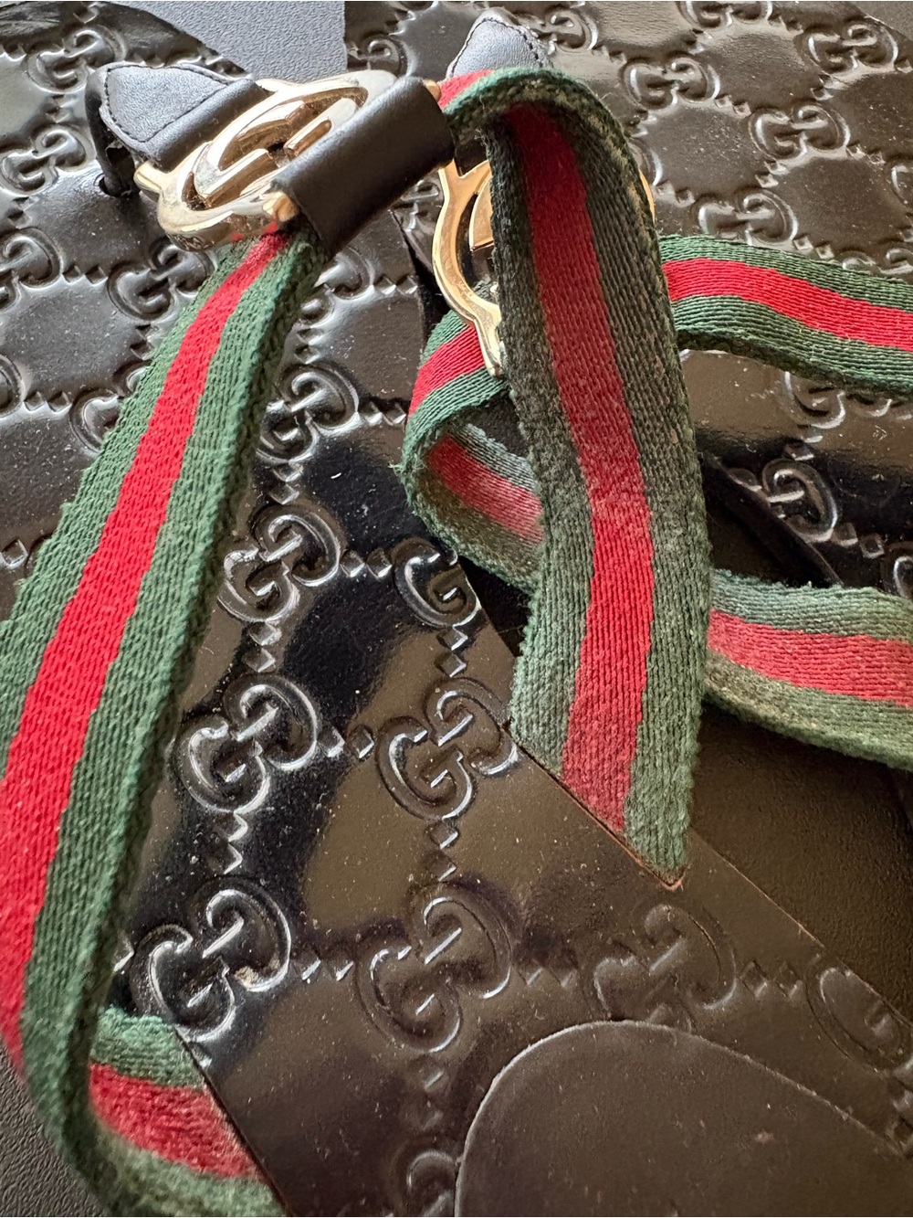 Gucci Black Leather Sandals with Green-Red Web Stripe and Gold GG Logo - Picture 6 of 9